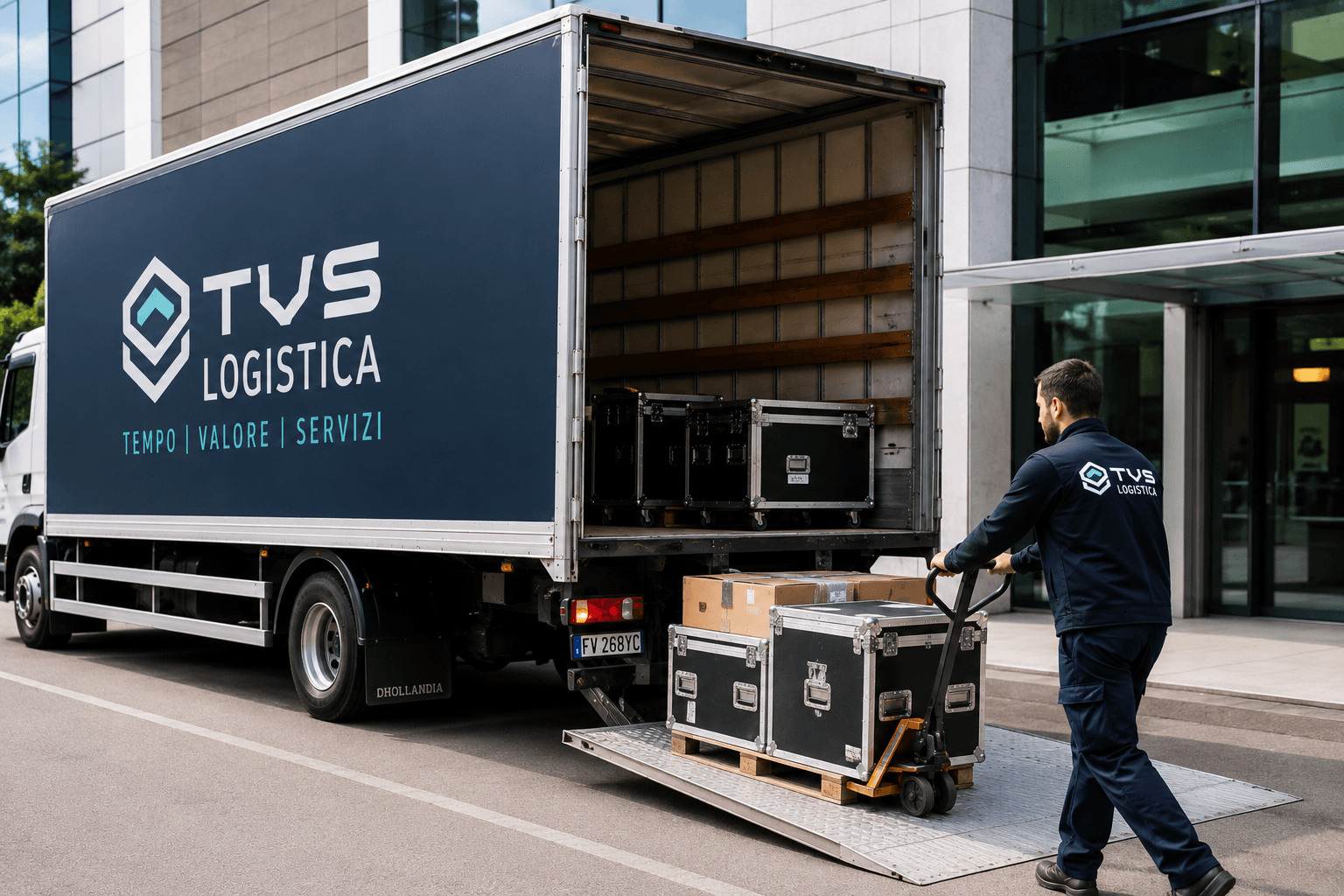 Trasporto e logistica per eventi a Milano con mezzo TVS Logistica e materiali destinati a una location
