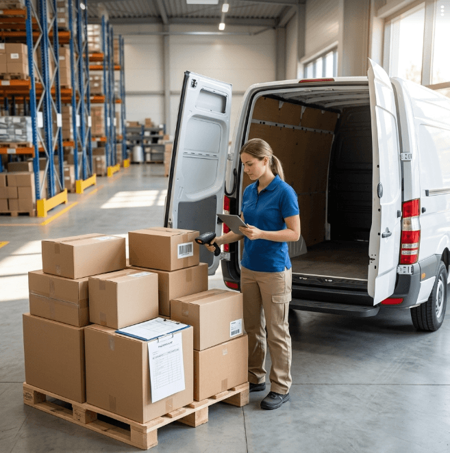 Operatori durante il ricevimento e la gestione delle merci in un magazzino logistico TVS nell'area di Milano